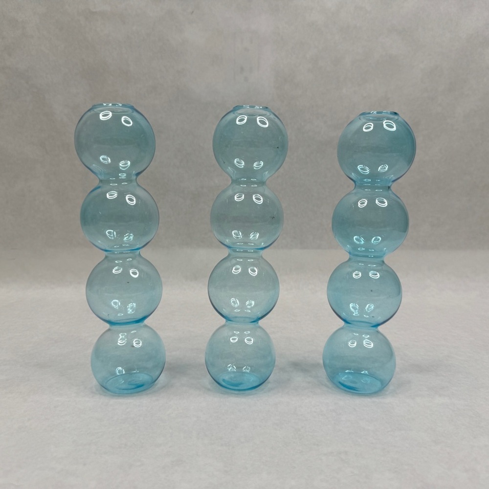 Set of 3 Transparent Blue Hydroponic Flower Vase - Four Balls - 8.66”
